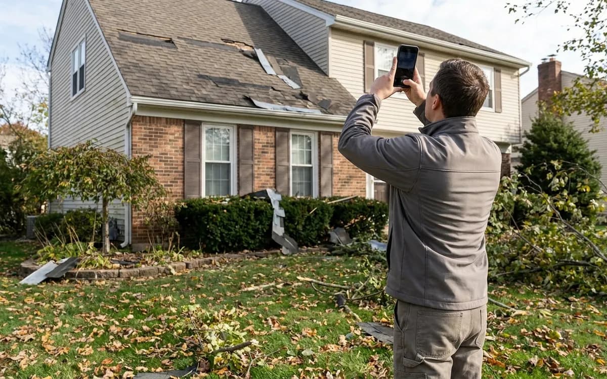 Homeowner documenting visible roof conditions safely from the ground after a storm